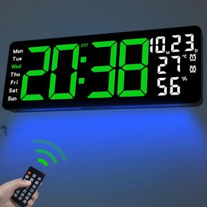 JoFomp 17.3" Large Digital Wall Clock, LED Digital Clock Large Display with Remote Control, Alarm Clock with Temp/DST/Dimmer/Humidity/Timer/Ambient Light - 12/24H, Alarm Wall Clock for Bedroom (Green)