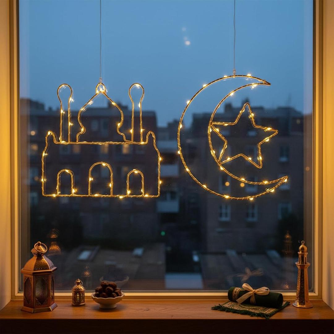 Eid Ramadan Mubarak Window Lights, 2 Pcs LED Hanging Decorations, Moon & Mosque Iron Art, Battery Operated with 8 Lighting Modes, Ramadan Decorations for Home & Festival Indoor & Outdoor Decor
