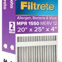 Filtrete 20x25x4 Air Filter MERV 12, MPR 1550 Certified Asthma & Allergy Friendly 2-Pack, Fits Honeywell & AprilAire, AC Furnace HVAC Filters, Pleated Electrostatic (Actual Size 19.88x24.63x4.31 in)