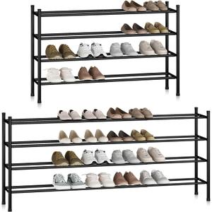 STORAGE MANIAC Long Expandable Shoe Rack, 24 Pairs Metal Wide Stackable Shoe Rack, Adjustable Shoes Shelf, Freestanding Shoes Organizer for Closet, Entryway, Hallway, Garage, Front Door, 4 Tiers (Black)