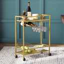 Gold Bar Cart, Beverage Cart with Wheels, Bar Cart for The Home, 2-Tier Drink Cart with Wine Rack and Glass Holder, Kitchen, Dining Room, Gold RCJ63B01Z