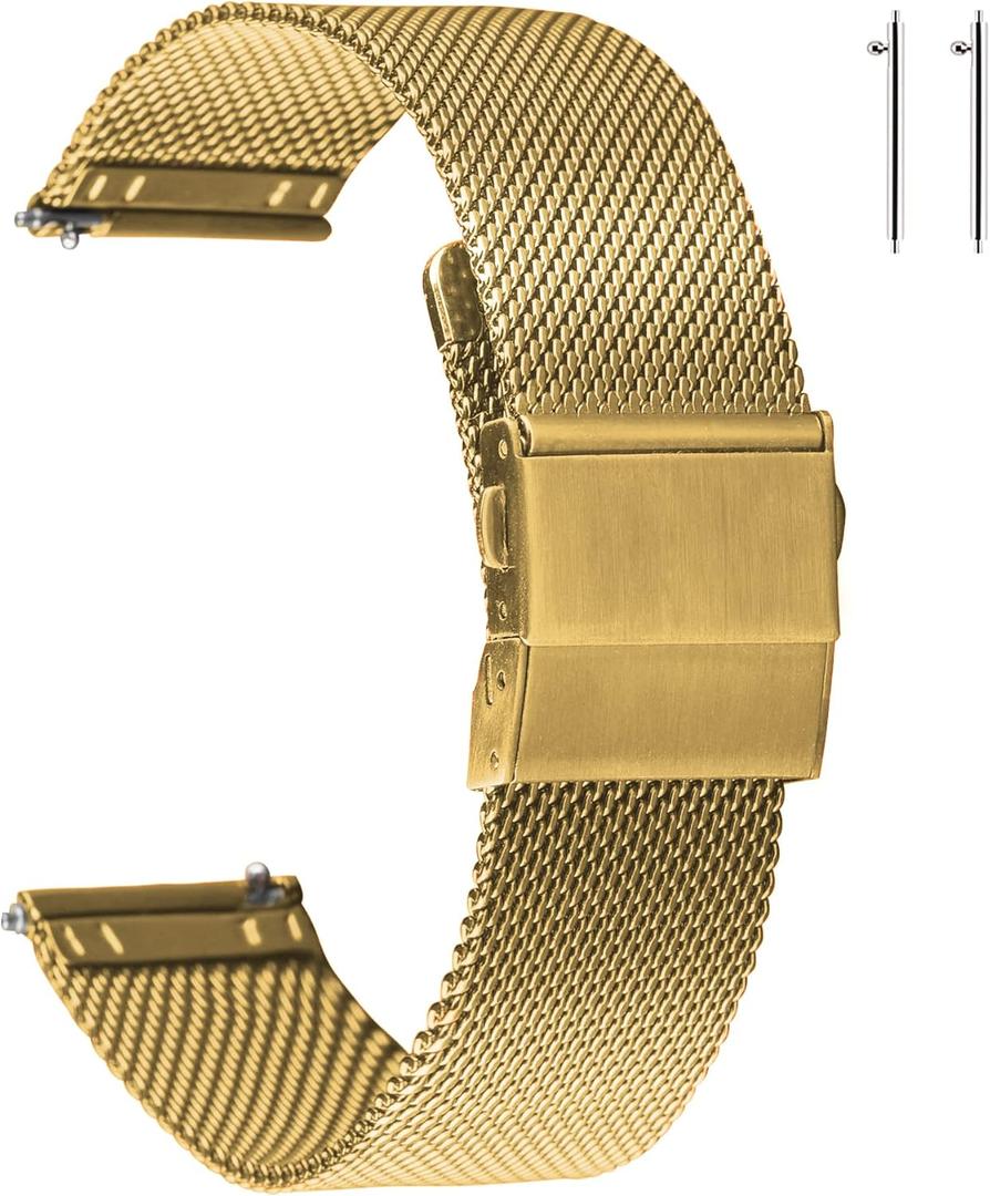 EACHE Stainless Steel Mesh Watch Band for Men Women, Quick Release Mesh Watch Straps 12mm 14mm 16mm 18mm 20mm 22mm (Gold)