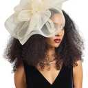 Tea Party Hat Fascinators Hats for Women Girls Elegant Kentucky Derby Hat Flower Feather Headband Outfits for Wedding Church (Beige)