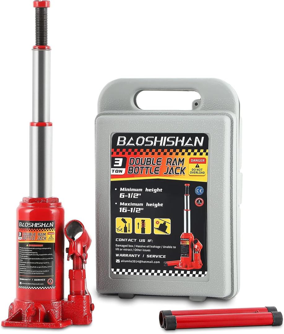 BAOSHISHAN 3 Ton Double Ram Bottle Jack 6-1/2" to 16-1/2" Lifting Range Portable Hydraulic Jack with Carrying Case (3 Ton with Case)