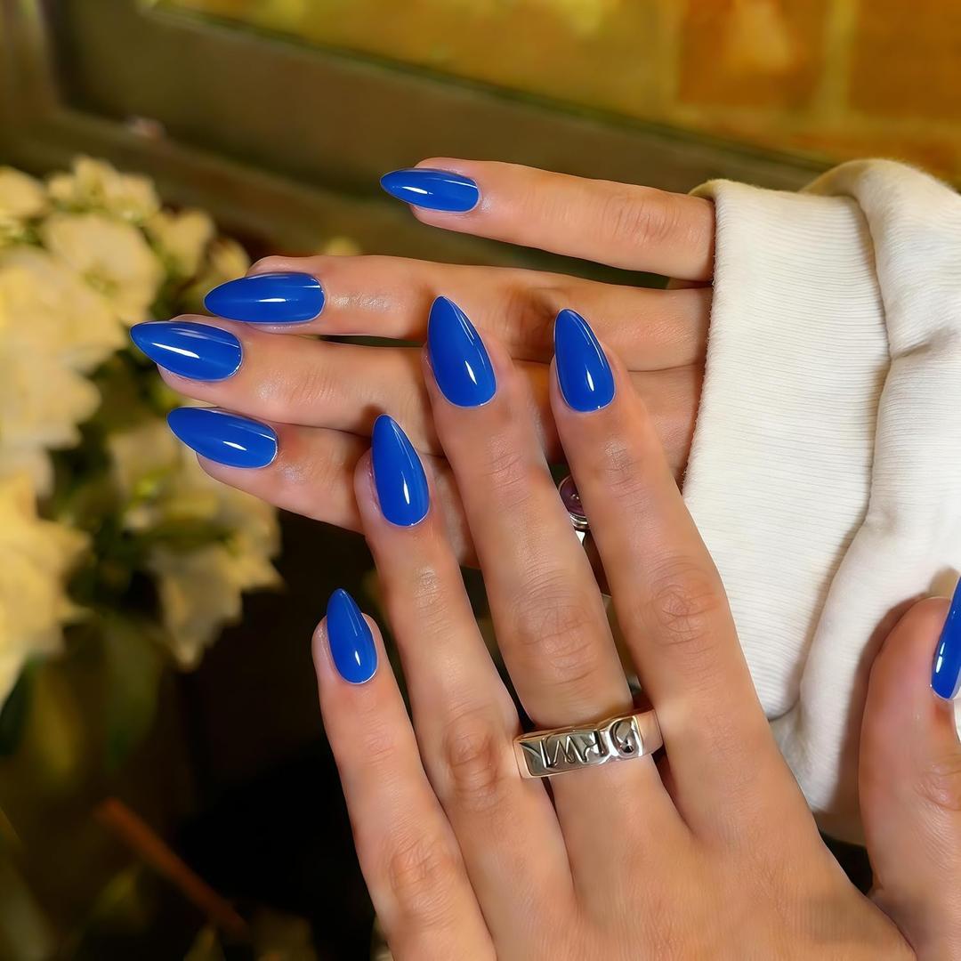 Cobalt Blue Press On Nails Short Almond, Dark Blue Fake Nails with Glue, Neutral Glossy Stiletto Stick Glue on Nails Kit for Women, Reusable UV Finish Acrylic False Nail Set, 30 Pcs