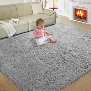 Ultra Soft Rug for Living Room, 9X12 Fluffy Shag Area Rug for Bedroom, Modern Shaggy Carpets Fuzzy Rug for Teens Dorm Nursery Home Decor Aesthetic, Upgrade Anti-Skid Durable, Light Grey