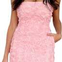 Womens Strapless Mini Dress Sexy Short Bodycon Off Shoulder Stretchy 3D Floral Appliques Tube Top Cocktail Party Dress (Medium, Pink Flower)