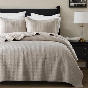 WDCOZY 100% Cotton Queen Size Quilt Set - Beige Box Pick Stitch Soft Lightweight Bedspread, Textured Like Linen, Farmhouse Country Rustic Coverlet, Shabby Chic Gauze Bedding, 3 Pieces (Full/Queen (90"x96"))