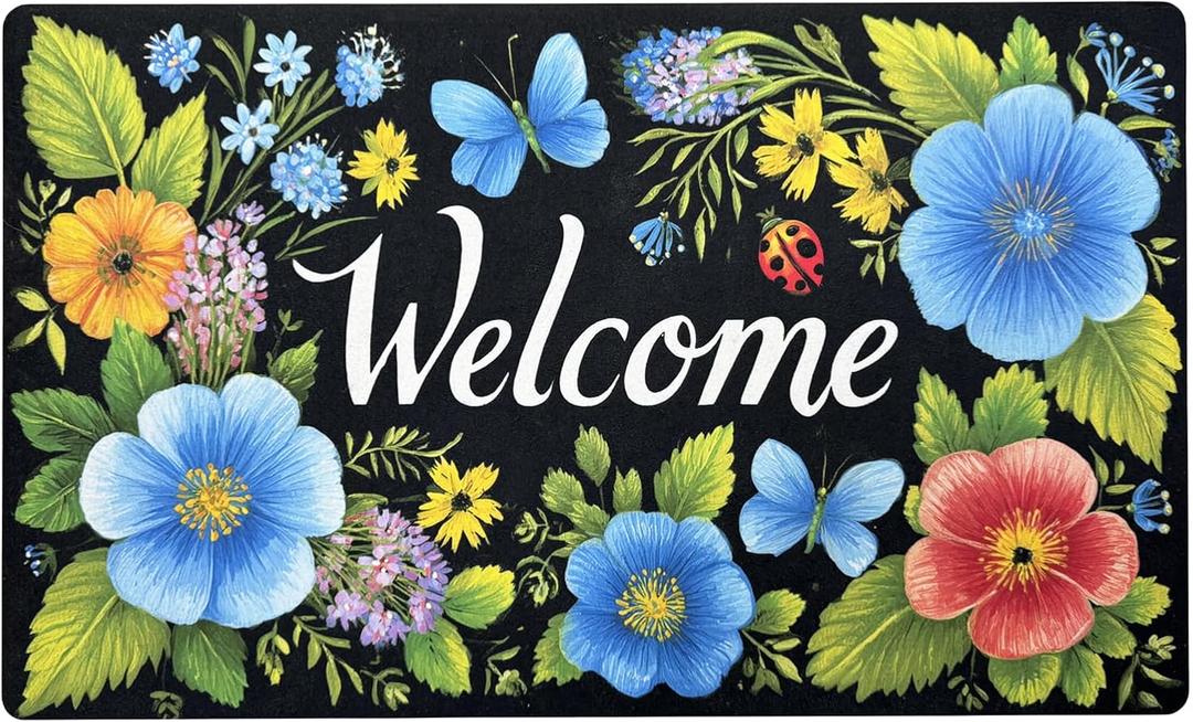 Welcome Mat 17x29 Inch Spring Summer Outdoors Indoors Front Door Mat, Low Profile Doormat for Outside Inside Home Entrance, Non Slip Rubber Back Floor Rugs for Entryway, Floral