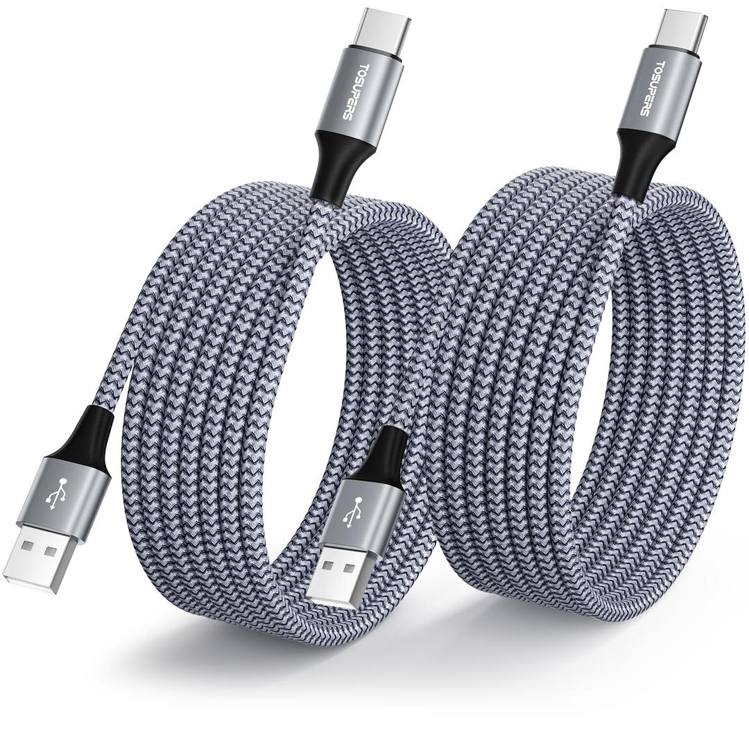 Long USB C Cable 8ft, 2-Pack, 3A Fast Charging, USB A to USB C Charger Cable Braided for iPhone 16 15 Pro Max Plus, for Samsung Galaxy S24 S23 S22 S21 S20 S10 S9 A54 A35 A15 A14 (Grey)