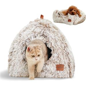 CATISM Cat Bed, Cat Cave for Indoor Cats, Soft Cat Dome, Self-Warming 2 in 1 Foldable Pet Cat House with Washable Cushioned Pillow Calming Fluffy Dog Beds for Small Dogs with Anti-Slip Bottom Brown