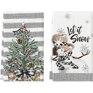 Artoid Mode Xmas Tree Snowman Winter Kitchen Towels Dish Towels, 18x26 Inch Holiday Let It Snow Christmas Decoration Hand Towels Set of 2