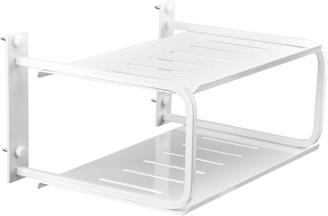 Tookie 2 Layers Projector Shelf, Wall Mount Double Floating Shelf Under TV Entertainment for Projector Router Camera TV, Router Shelf Storage Box Projector Holder Accessories (White)