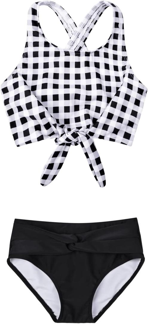 Mirawise Girls Swimsuits Swimwear Bathing Suit Beach Bikini Two Piece Tie Front Swimsuits (12-13 Years, Black Spot)
