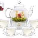 GURUDAR Glass Teapot Set, 40OZ/1200ml Stovetop Safe Glass Tea Kettle with Removable Infuser & Tea Warmer, Tea Cups and Saucers Set of 4, Blooming Tea & Loose Leaf Tea Maker Set for Women