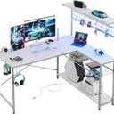Bestier Gaming Desk 51" L-Shaped, with Power Outlets & LED Lights- 4 Tier Shelves, Reversible Gamer Table with Hooks & Cup Holder for Home Office,Carbon Fiber White (51 Inch)