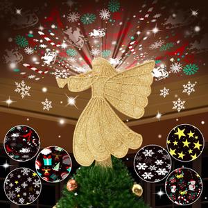 Christmas Tree Topper Lighted with 6 Projection Modes, Gold Christmas Angel Tree Topper Built-in LED Rotating Light, 3D Glitter Projector for Party Holiday Christmas Decoration Gifts