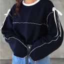 Verdusa Women's Bow Tie Oversized Tees Crew Neck Long Sleeve Drop Shoulder Pullovers, Small, Dark Blue