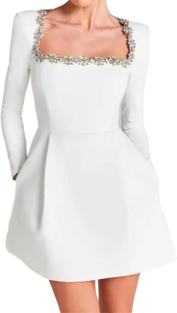 Women's Elegant Velvet Dress Long Sleeve Square Neck Pearl A Line Flowy Bridesmaid Cocktail Party Midi Dresses (Medium, White)