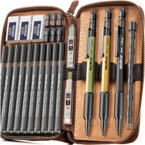 Nicpro 21PCS 1.3 mm Mechanical Pencil Set in Leather Bag with 138 Lead Refill Black & Colors, Erasers- Weatherproof Metal Heavy Duty Carpenter Pencil for Outdoor Drafting Marking Drawing Woodworking (Multicolor)