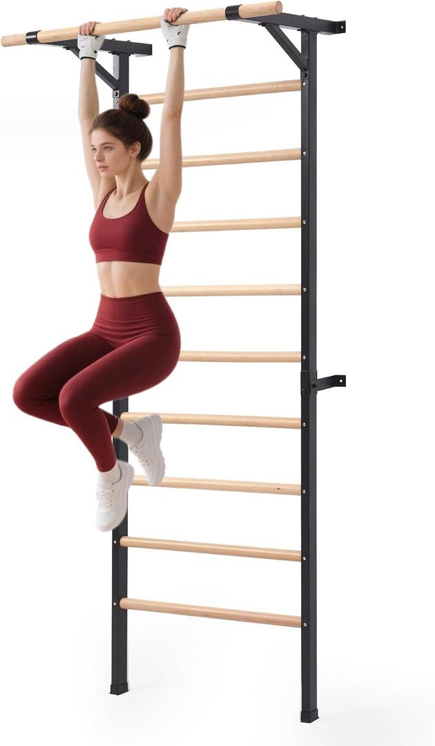 Solid Beechwood Stall Bar, 90" Swedish Ladder Wall Gym with Pull-up Bar & Dip Station, 220lbs Capacity Wall Mounted Gymnastics Ladder for Home Gym Training, Stretching & Bodyweight Exercise