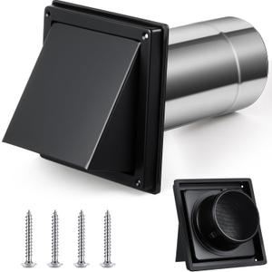 Gisafai 4" Dryer Vent Cover Outside with Stainless Steel Guard Wall Dryer Exhaust Cap and Removable Extended Pipe Vent Shroud Hood Cushioned Non Return Flap with Sealing Gasket Grille(Black)