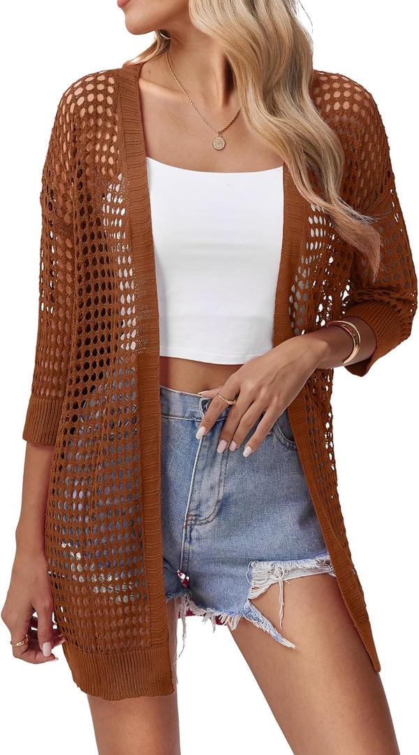 Zeagoo Women's 2025 Summer Crochet Lightweight Cardigan Short Sleeve Boho Kimono Oversized Open Front Sweater Tops (Large, Caramel)
