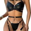 Lilosy Women Sexy Chain Strappy Underwire O Ring Push Up Garter Belt Chocker Lingerie Set Harness Bra and Panty 3 Piece Leather Black X-Large