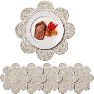 Set of 6 Round Woven Scalloped Edge Placemats 13.8" Boho Farmhouse Rattan Table Mats Scalloped Cotton Rope Placemats Non Slip Heat Resistant Place Mats for Kitchen Table Decor