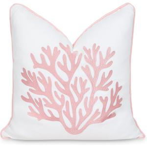 Hofdeco Premium Coastal Patio Indoor Outdoor Throw Pillow Cover Only, 20"x20" Water Repellent for Backyard, Couch, Blush Pink Embroidered Sea Life Coral with Piping