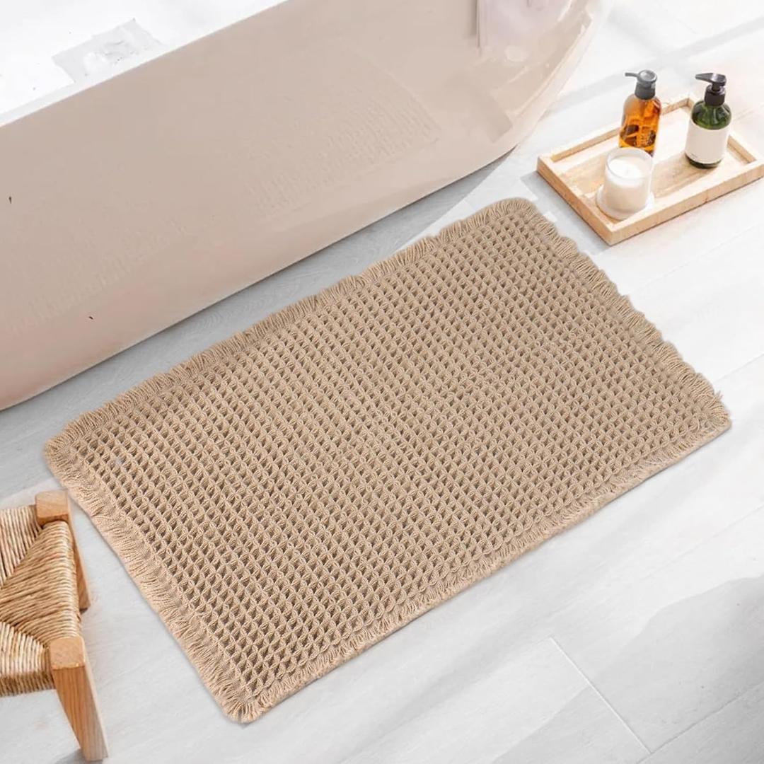 Upgraded Waffle Bath Mat 18" X 30", Super Absorbent Non Slip Bath Mats for Bathroom Floor, Machine Washable Bathroom Rugs with Tassels, Rubber Backed Bathroom Mats, Ultra Soft (Brown)