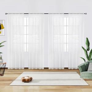 youleyar Solid Sheer Rod Pocket Curtain Voile Draperies 4 Panels White Beige Black Grey Coffee 52 Inch Width 54 Inch Long 1 Pair for Kitchen Bedroom Children Living Room Yard(White,52Wｘ54L)