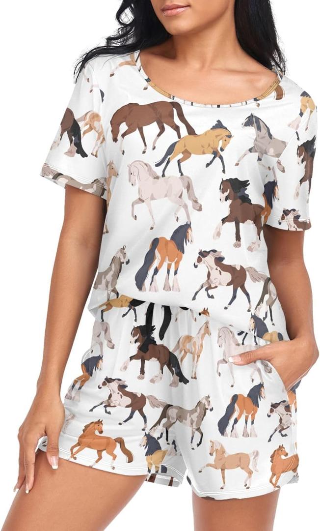 Women's Pajama Set Short Sleeve Sleepwear Soft Pjs Lounge Sets with Pockets L