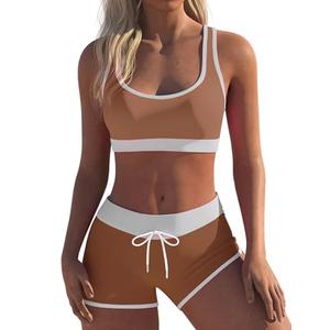 Womens Sport Two Piece Swimsuits Racerback Tops Boyshort Bottom Swimwear Bathing Suit（Large, Brown）