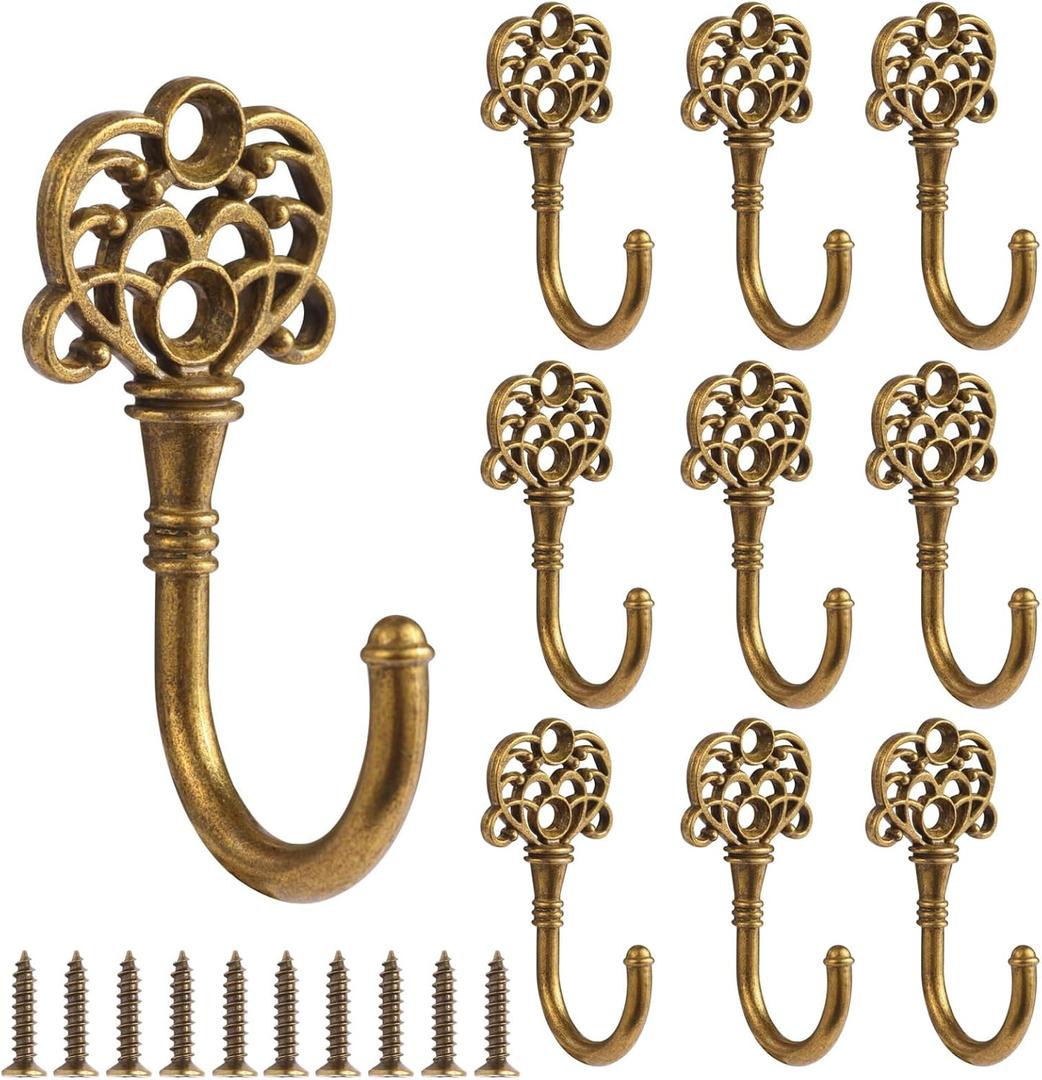 10 PCS Vintage Metal Wall Hooks, Bohemian Decorative Hook with Screws, Wall Hooks for Hanging Towel/Coat (Bronze) (10 single styles)