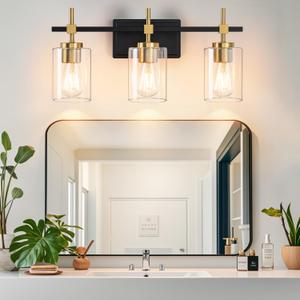 Bathroom Vanity Lights, Black Gold 3 Lights, E26 Socket with Clear Glass Shade, Modern & Vintage Style Vanity Light for Bathroom, Powder Room, Dressing Room