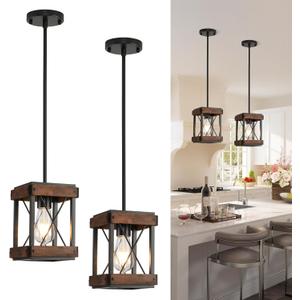 Genuine Wood Farmhouse Pendant Light, 2 Pack Rustic Farmhouse Linear Chandelier with Wood and Metal Cage, Kitchen Island Pendant Light Adjustable Height for Dining Room Light Kitchen Island Bedroom