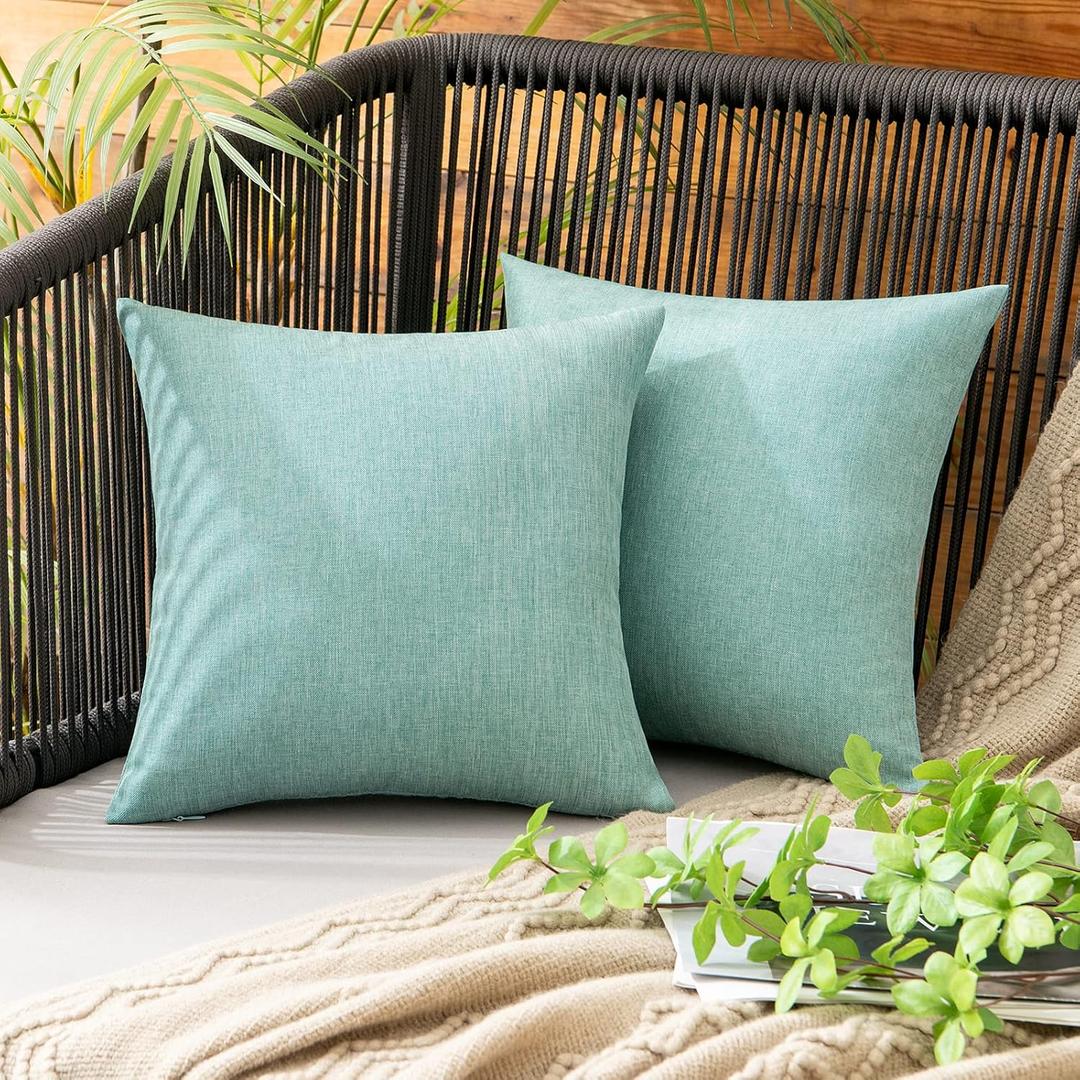 MIULEE Pack of 2 Decorative Outdoor Solid Waterproof Throw Pillow Covers Faux Linen Garden Farmhouse Cushion Cases for Summer Patio Tent Balcony Couch Sofa 12x12 Inch Teal