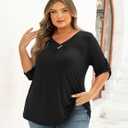 FOLUNSI Womens Plus Size 3/4 Roll Sleeve Blouses V Neck Casual Tunic Tops (Black, L)