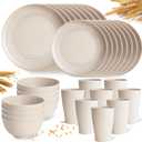 Cream Plastic Plates and Bowls Sets Dishwasher and Microwave Safe Wheat Straw Dinnerware Sets for 8,Reusable Plastic Dishes Set Lightweight Unbreakable for Kitchen Camping Outdoor RV 32 Pcs