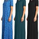 Real Essentials 3 Pack: Women's Soft Maxi Long Nightshirt Short Sleeve Soft Nightgown Sleep Dress (Large)