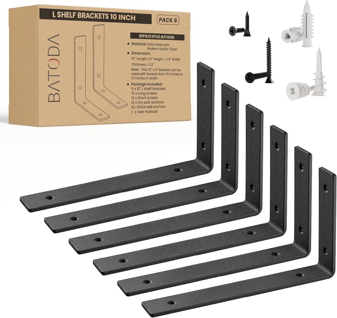 BATODA 10” Heavy Duty Shelf Brackets (6pcs) - L Shelf Brackets Black - Hook Brackets for Floating Shelves - Wall Mounted Support for DIY Open Shelving – Shelving Mounting Hardware Included (Pack 6)