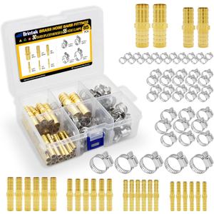 30PCS Brass Hose Barb Fittings Splicer Mender 3/16 1/4 5/16 3/8 1/2 5/8 with 55PCS Stainless Steel Hose Clamps for Fuel Gas Water Air
