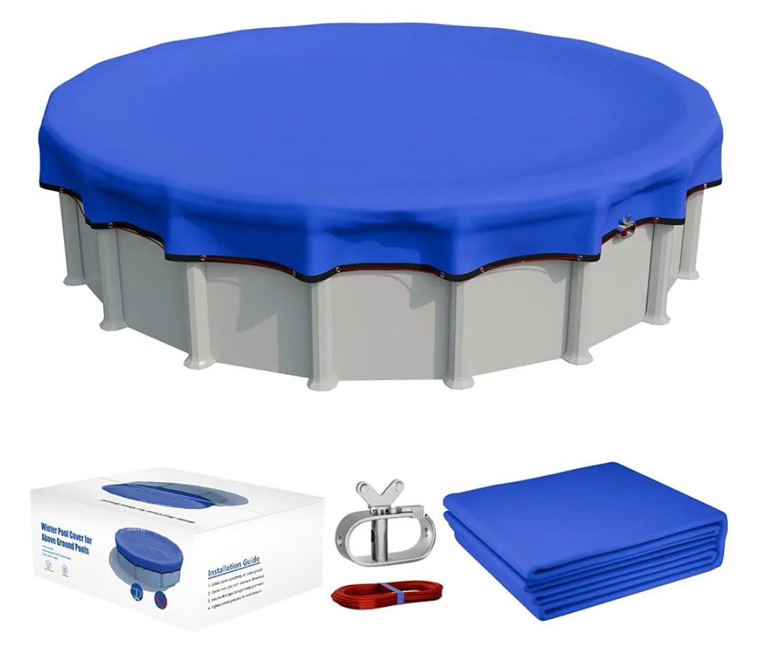 [Upgraded] 18ft/21ft/24ft/28ft Round Winter Pool Covers for Above Ground Pool Cover 24FT Cover 4FT Overlap - 500D Windproof with Steel Cable & Heavy Duty Winch - Swimming Pool Winter Cover Blue