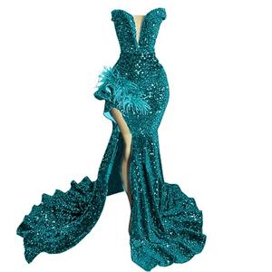 Ikerenwedding Sparkly Prom Dress Glitter Sequin Feather Split Pageant Celebrity Gala Evening Dress Lake Blue US22W