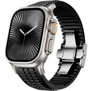 Silicone Band for Apple Watch Ultra 3/2 / Series 11 10 9 8 7 (44mm 45mm 46mm 49mm), Men Luxury Sport Strap with Metal Rugged Folding Clasp, Rugged Heavy Duty Modern Design for Men (Black-Silver Buckle)
