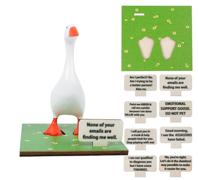 Magnetic Goose Key Holder, 7inch Desk Goose Statue with Wooden Base & Inspirational Sign Kawaii Room Decor Funny Home Office Table Desk Decor Mini Goose for New Apartment Housewarming Gifts