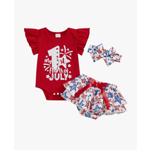 4th of July Baby Girl Outfits First Independence Day Fly Sleeve Romper Stars Shorts My 1st Fourth of July Outfit 0-3M