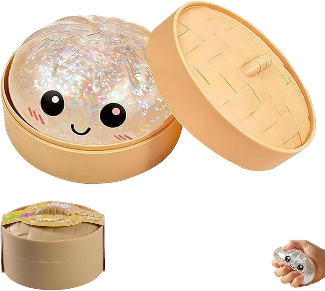 2026 Upgrade Glitter Dumpling SquishyBox,Dumplings Sensory Squeeze Toy for Stress Relief,Anxiety Relief Fidget (Transparent/White)