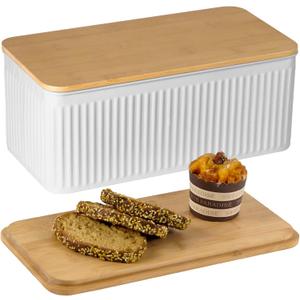 Large Bread Box for Kitchen Countertop Corner Breadbox for Homemade Bread Metal White Vertical Stripe Pattern Embossed Bread Storage Container Bin with Bamboo Lid